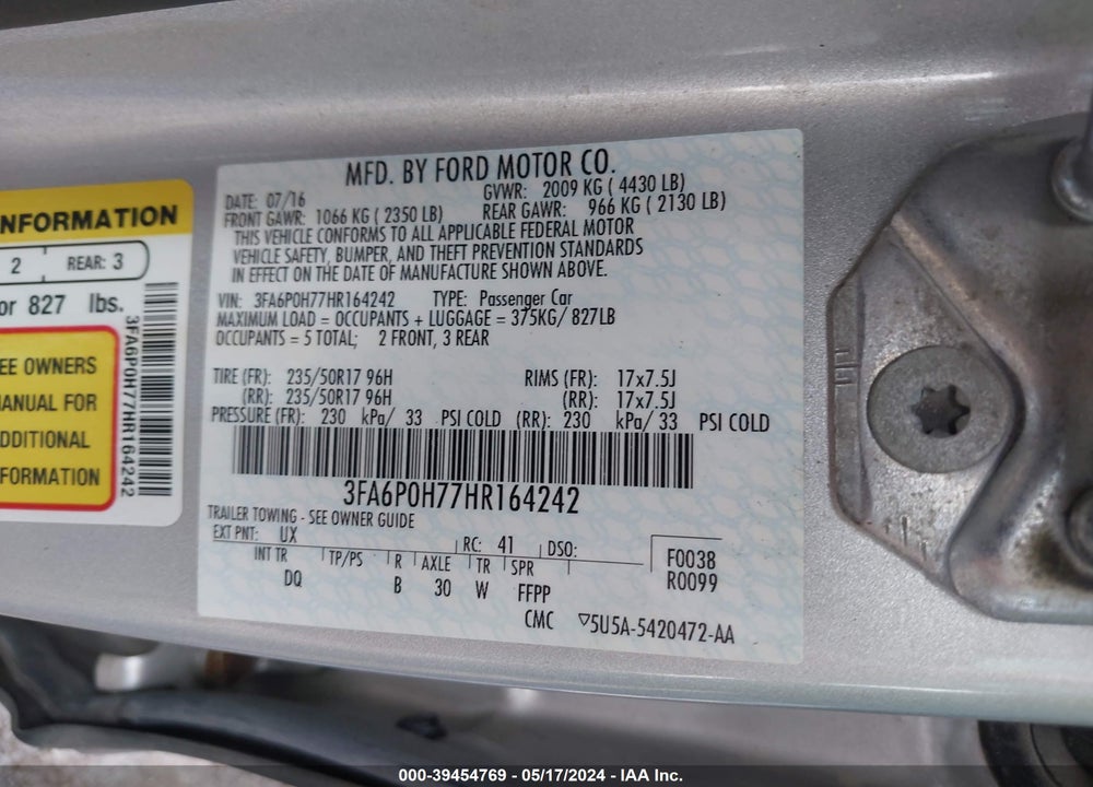 2017 FORD FUSION SE VIN: 3FA6P0H77HR164242