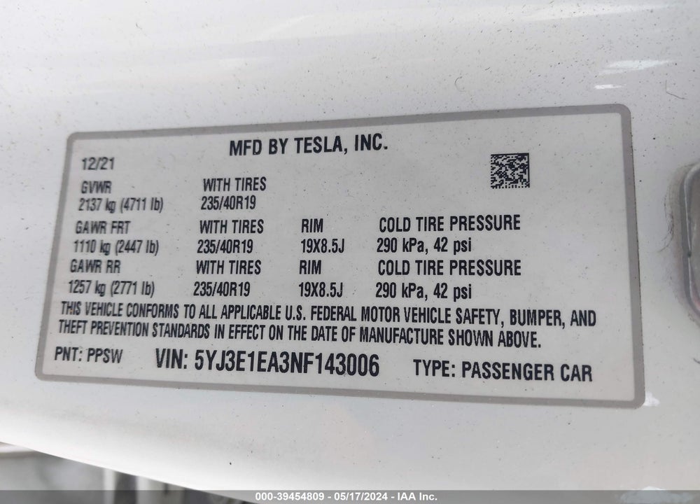 2022 TESLA MODEL 3 REAR-WHEEL DRIVE VIN: 5YJ3E1EA3NF143006