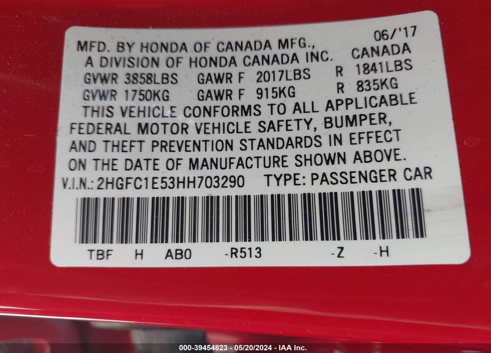 2017 HONDA CIVIC SI VIN: 2HGFC1E53HH703290