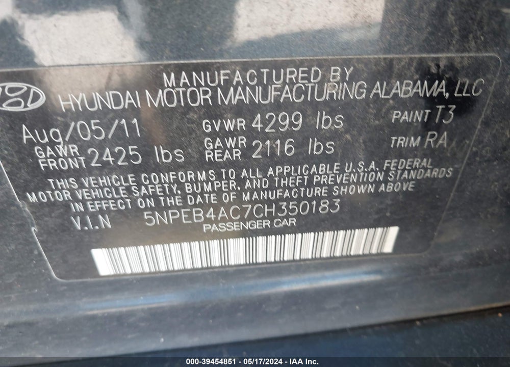 2012 HYUNDAI SONATA GLS VIN: 5NPEB4AC7CH350183