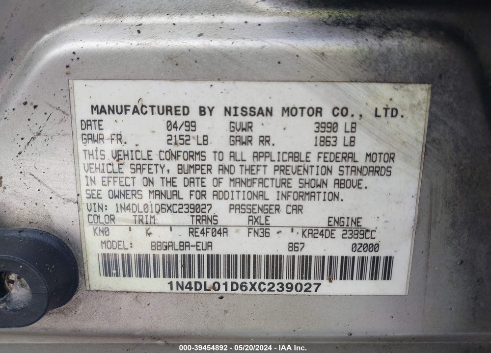1999 NISSAN ALTIMA GLE/GXE/SE/SE-L/XE VIN: 1N4DL01D6XC239027