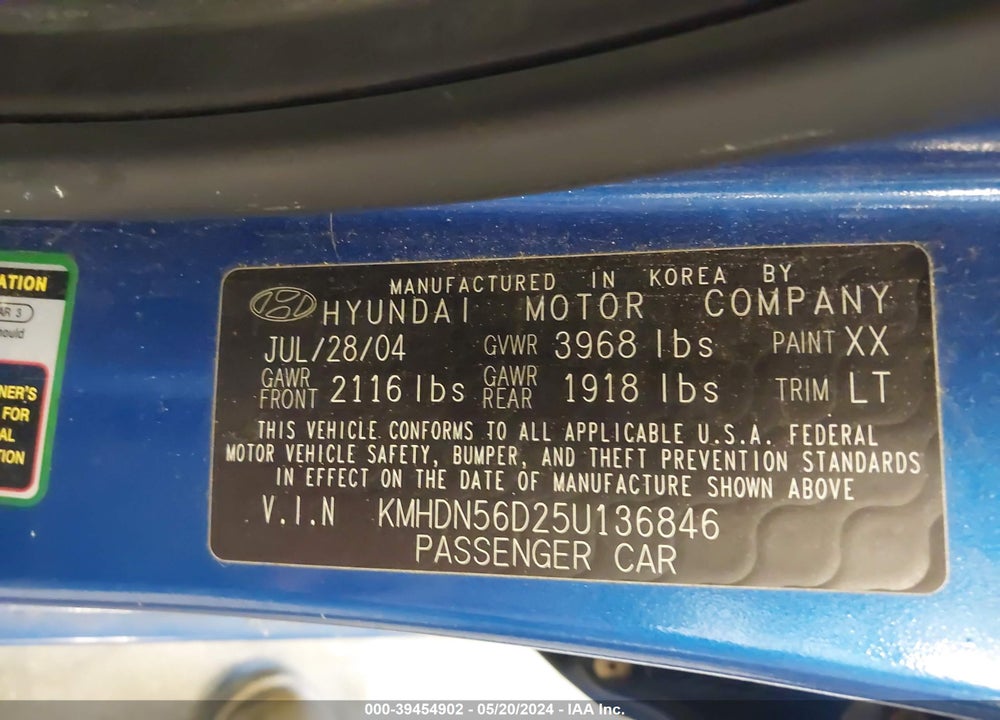 2005 HYUNDAI ELANTRA GLS/GT VIN: KMHDN56D25U136846