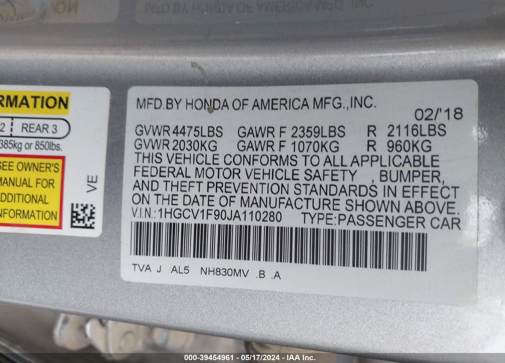 2018 HONDA ACCORD TOURING VIN: 1HGCV1F90JA110280