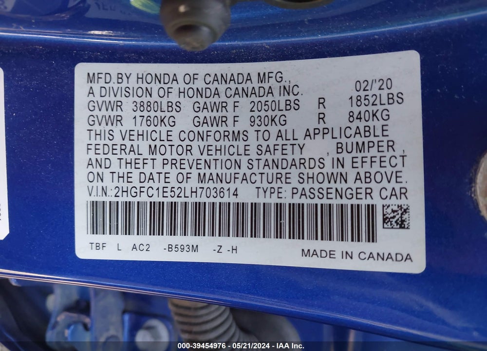 2020 HONDA CIVIC SI SEDAN VIN: 2HGFC1E52LH703614