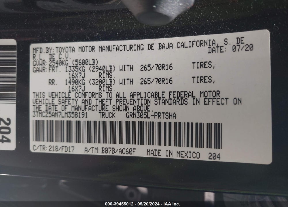 2020 TOYOTA TACOMA VIN: 3TMCZ5AN7LM358191