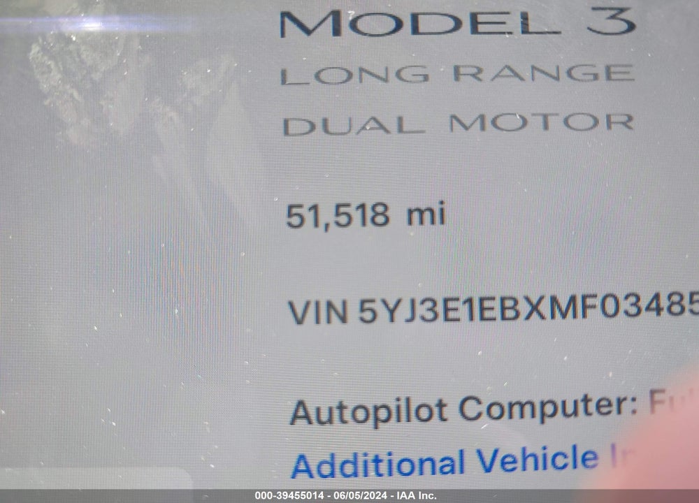 2021 TESLA MODEL 3 LONG RANGE DUAL MOTOR ALL-WHEEL DRIVE VIN: 5YJ3E1EBXMF034856