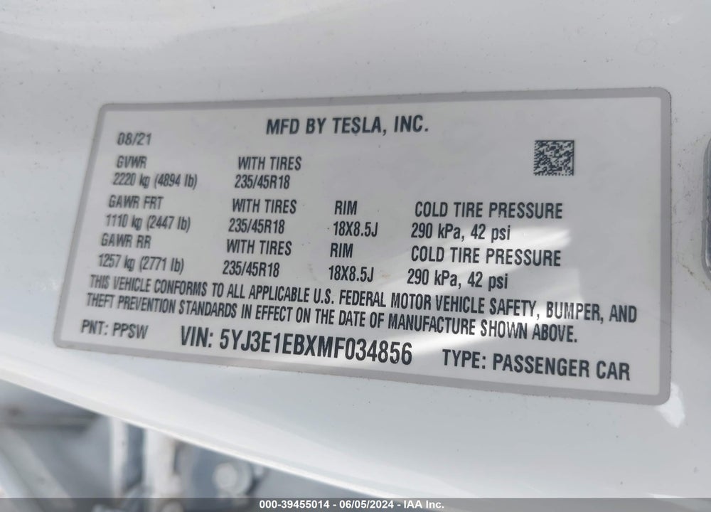 2021 TESLA MODEL 3 LONG RANGE DUAL MOTOR ALL-WHEEL DRIVE VIN: 5YJ3E1EBXMF034856