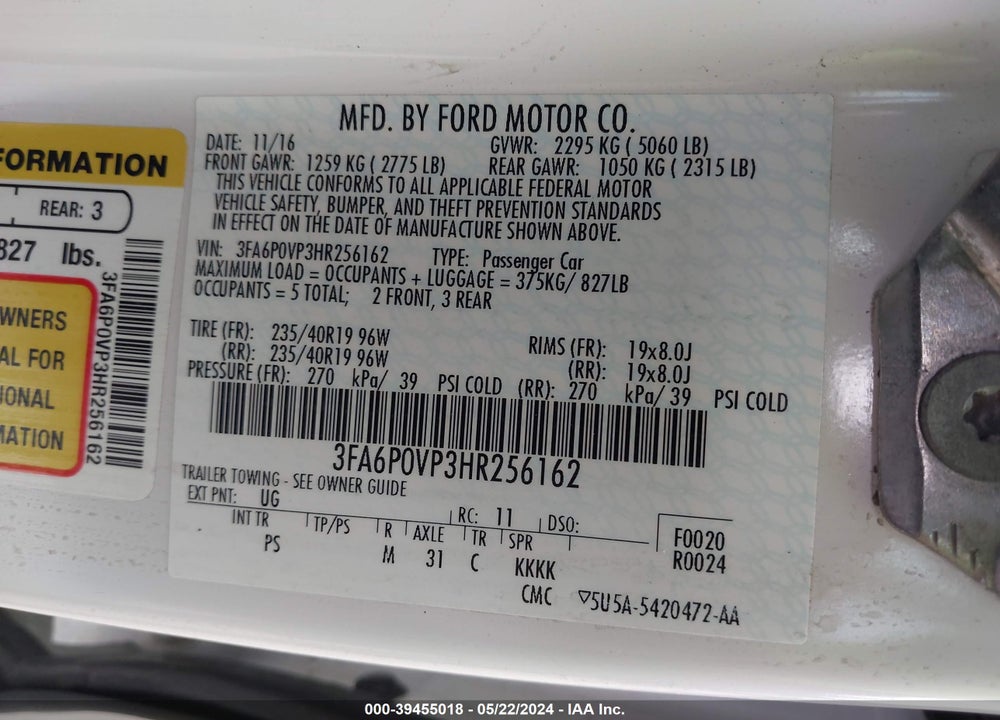 2017 FORD FUSION SPORT VIN: 3FA6P0VP3HR256162