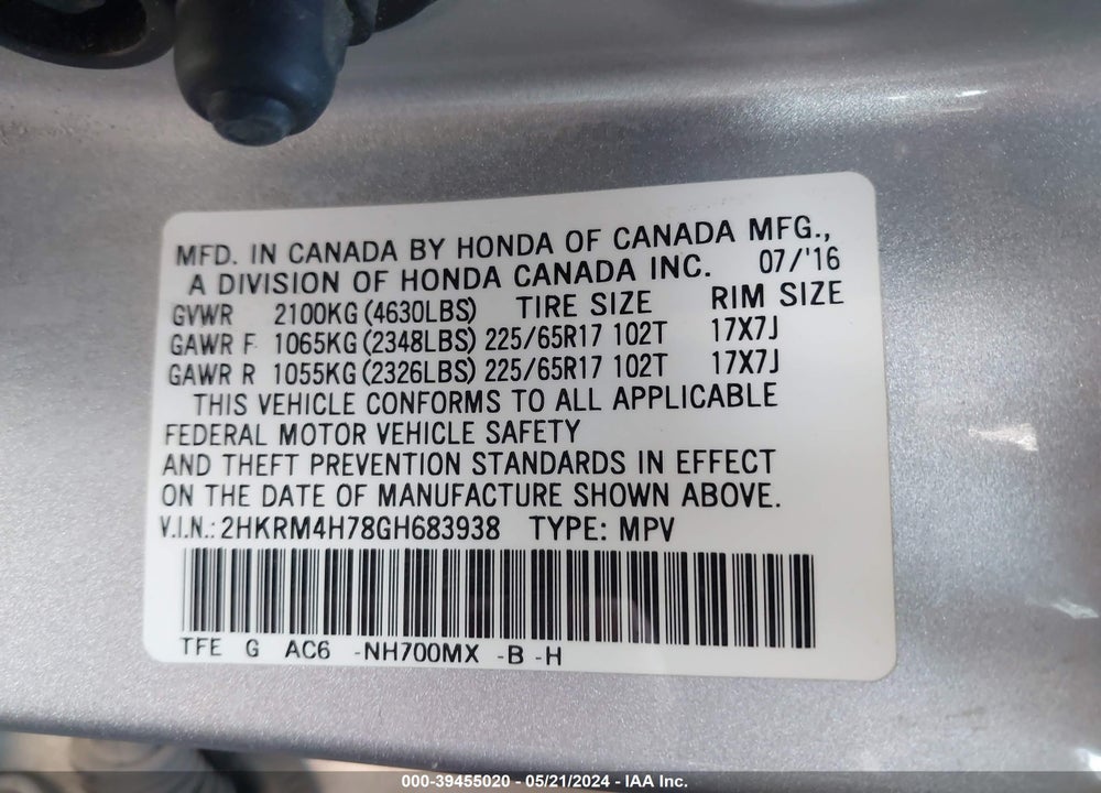 2016 HONDA CR-V EX-L VIN: 2HKRM4H78GH683938
