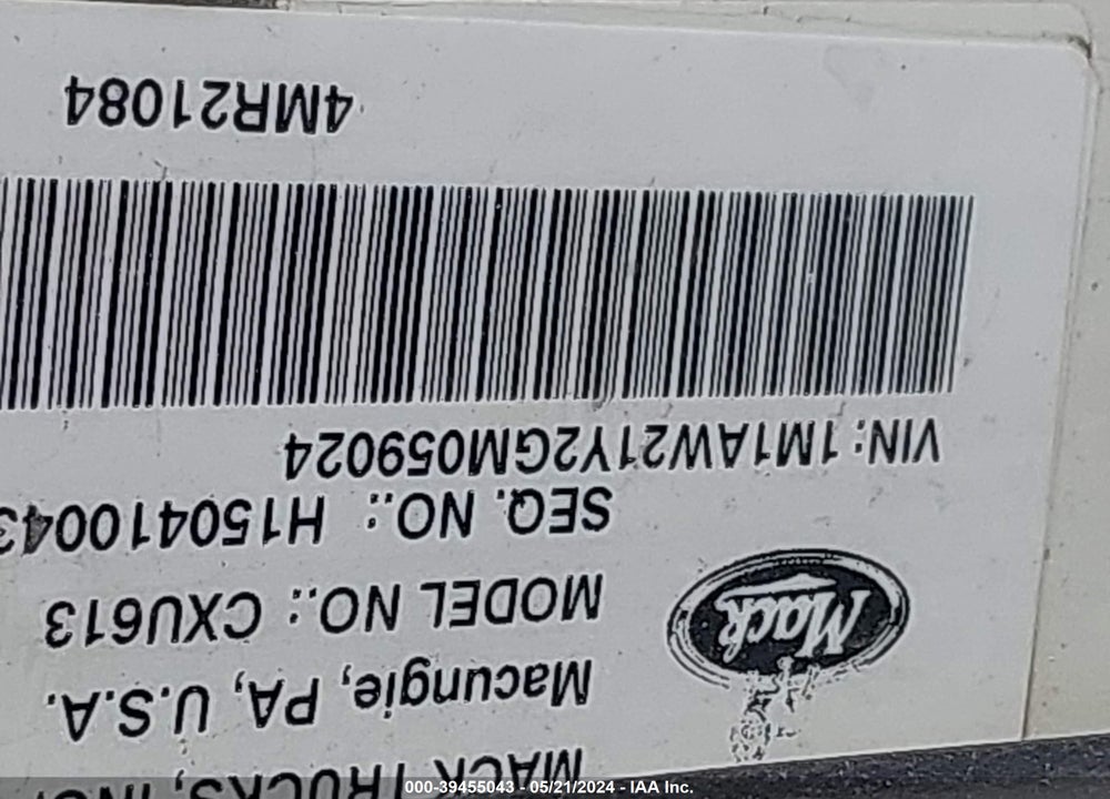 2016 MACK CXU613 CXU600 VIN: 1M1AW21Y2GM059024