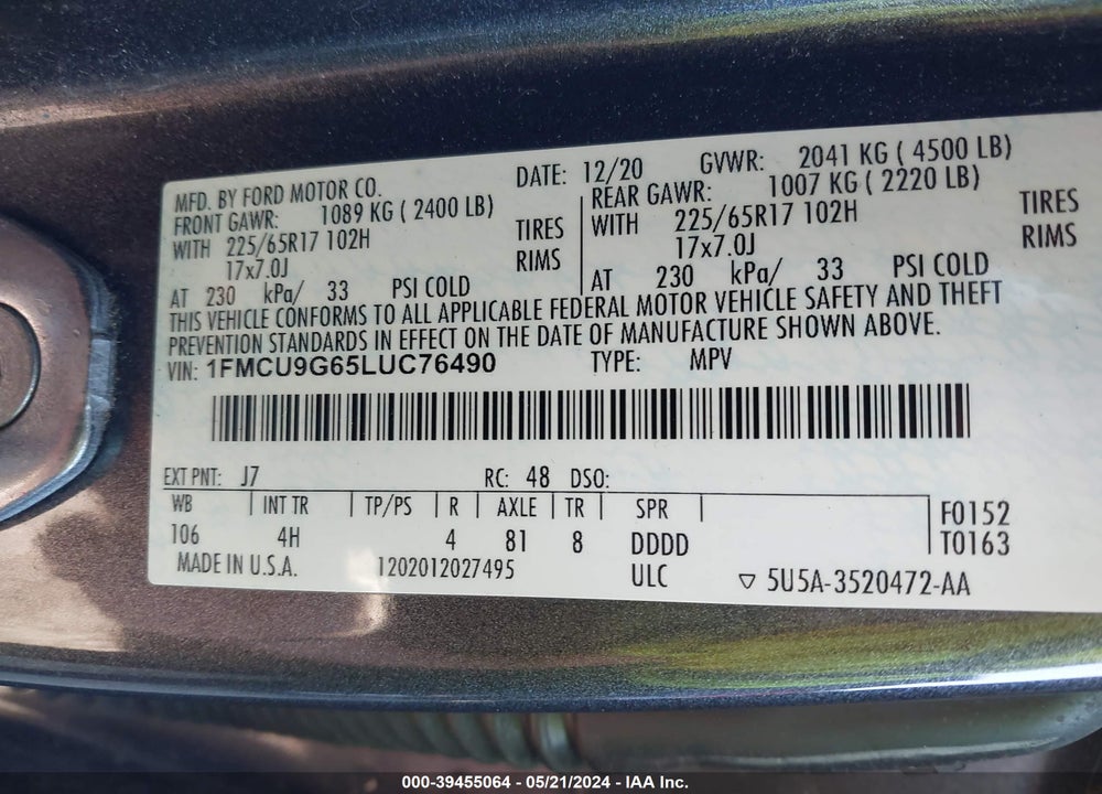 2020 FORD ESCAPE SE VIN: 1FMCU9G65LUC76490