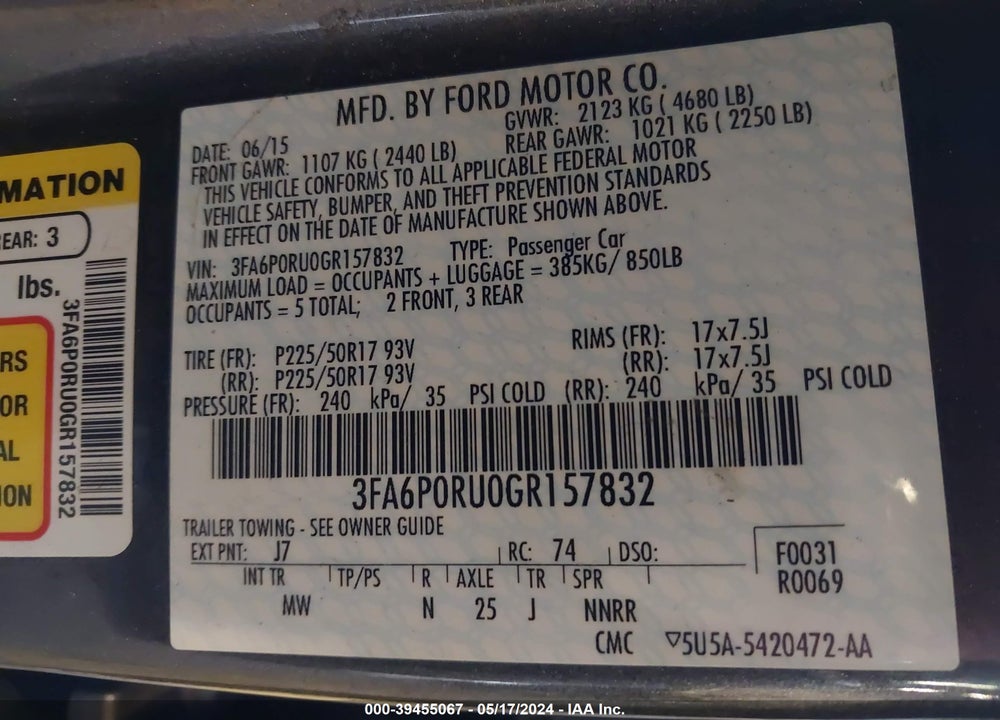 2016 FORD FUSION HYBRID TITANIUM VIN: 3FA6P0RU0GR157832
