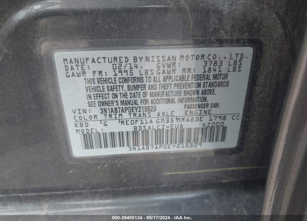 2014 NISSAN SENTRA S VIN: 3N1AB7AP0EY218829