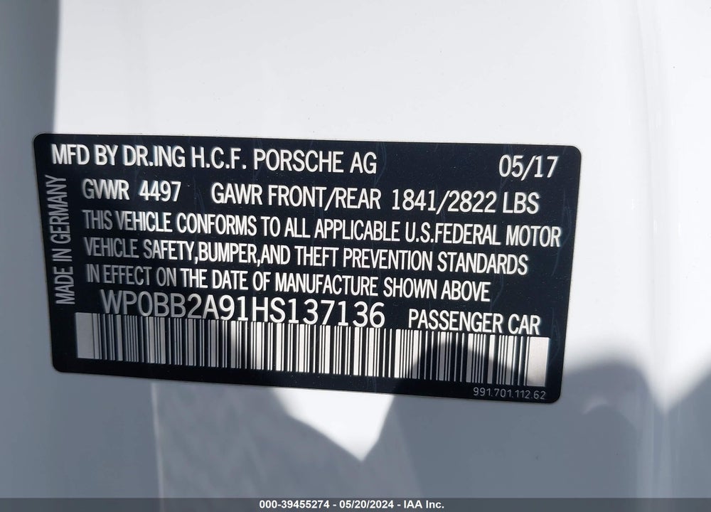 2017 PORSCHE 911 TARGA 4 GTS VIN: WP0BB2A91HS137136