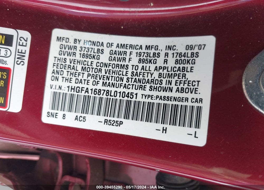 2008 HONDA CIVIC EX VIN: 1HGFA16878L010451