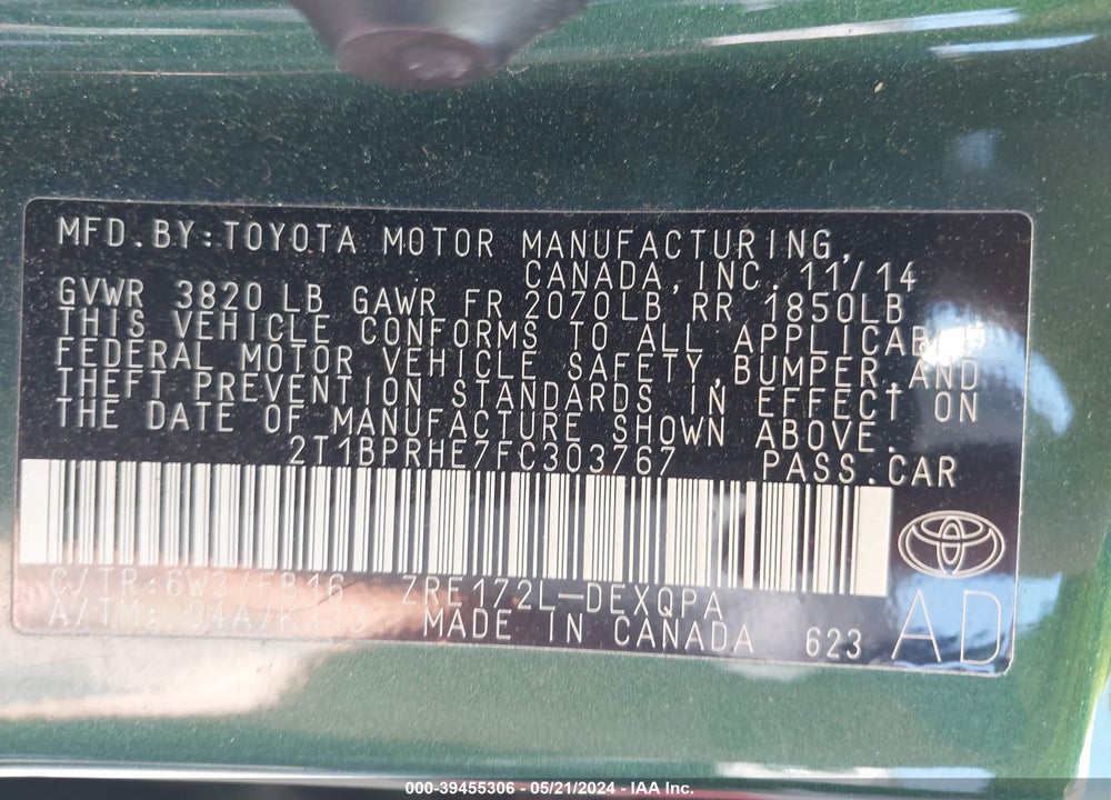 2015 TOYOTA COROLLA LE ECO VIN: 2T1BPRHE7FC303767