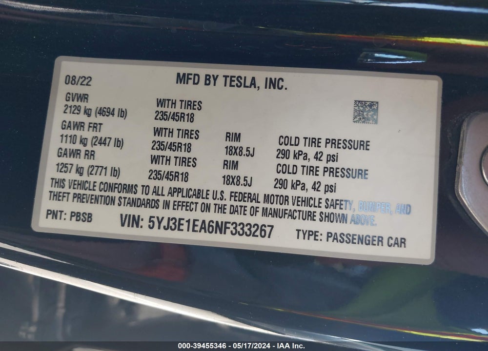 2022 TESLA MODEL 3 REAR-WHEEL DRIVE VIN: 5YJ3E1EA6NF333267