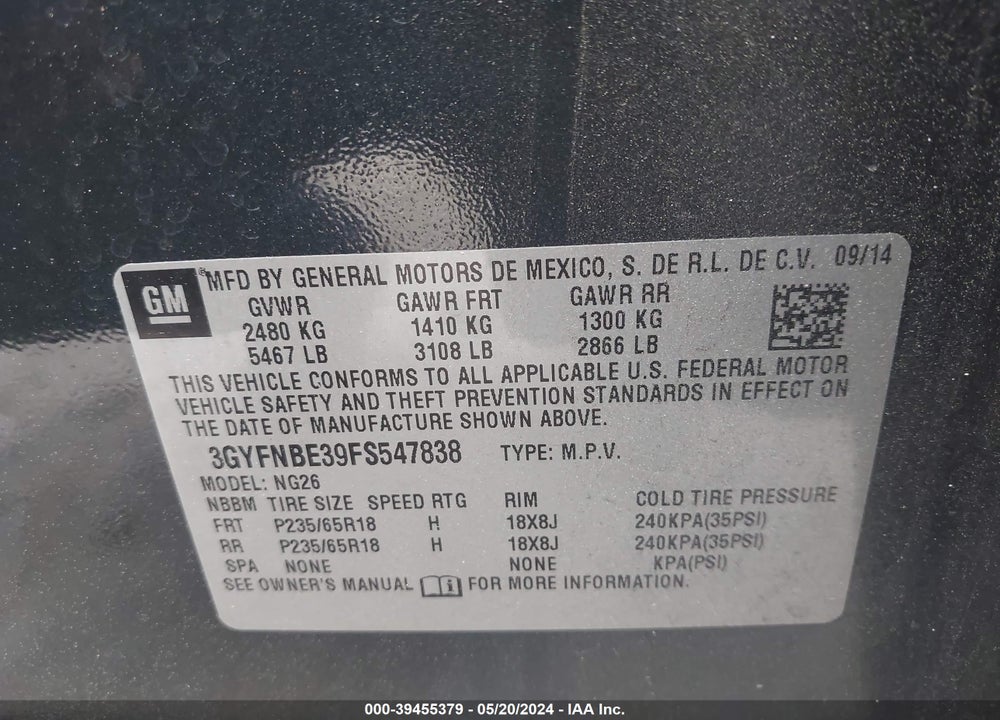 2015 CADILLAC SRX VIN: 3GYFNBE39FS547838