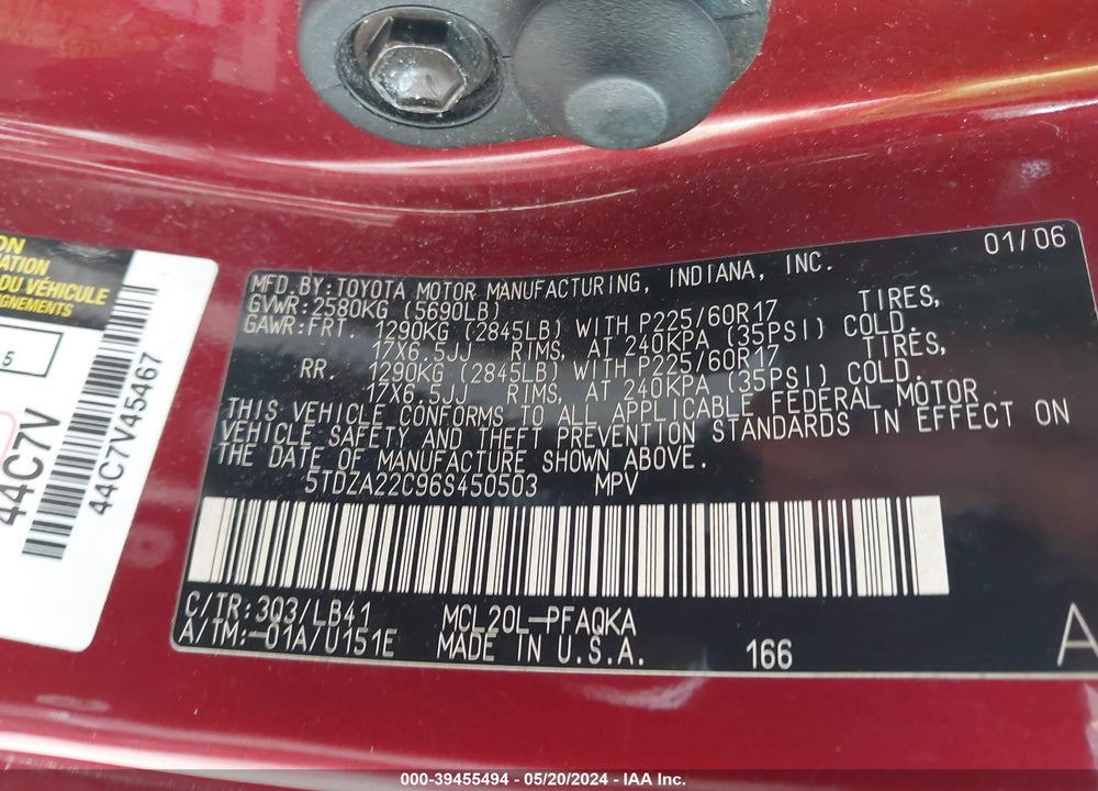 2006 TOYOTA SIENNA XLE VIN: 5TDZA22C96S450503