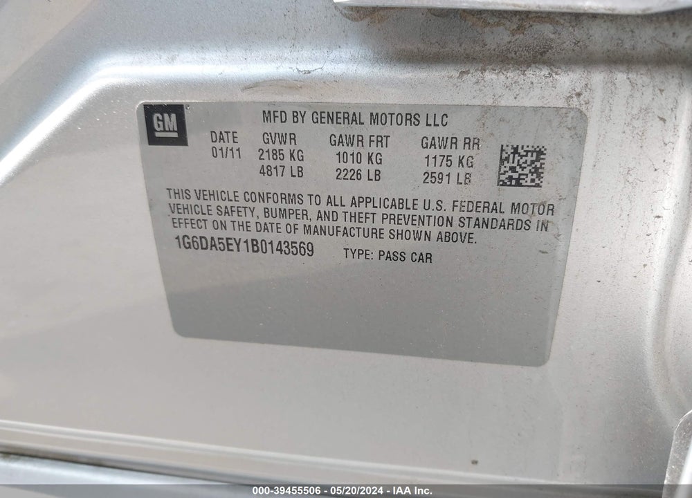 2011 CADILLAC CTS STANDARD VIN: 1G6DA5EY1B0143569