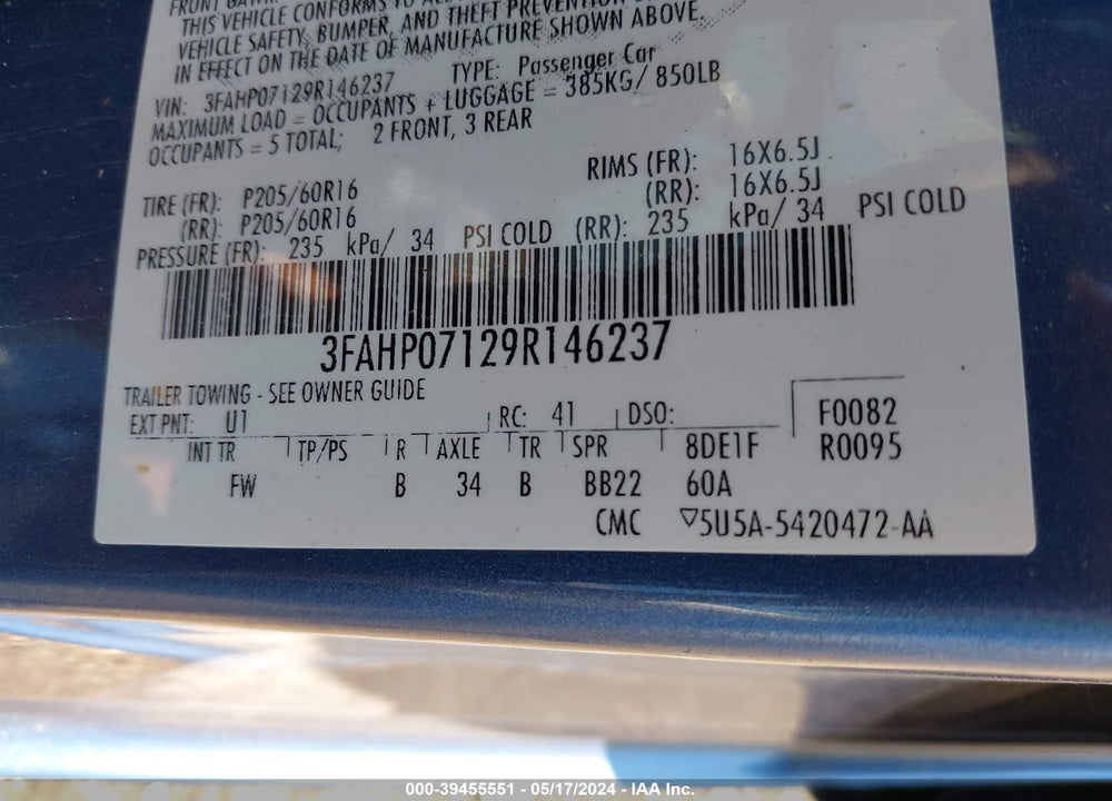 2009 FORD FUSION SE VIN: 3FAHP07129R146237