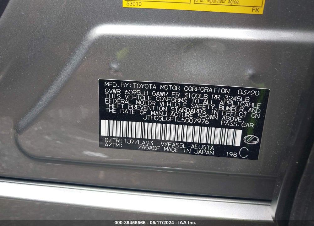 2020 LEXUS LS 500 VIN: JTHG5LGF1L5007976