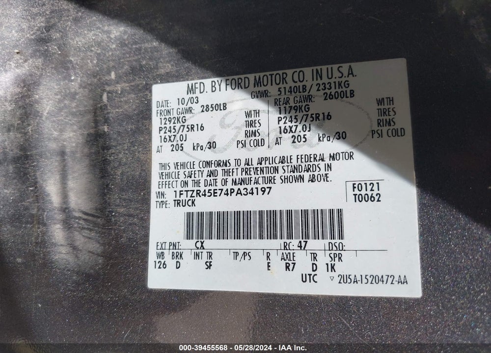2004 FORD RANGER EDGE/TREMOR/XLT VIN: 1FTZR45E74PA34197