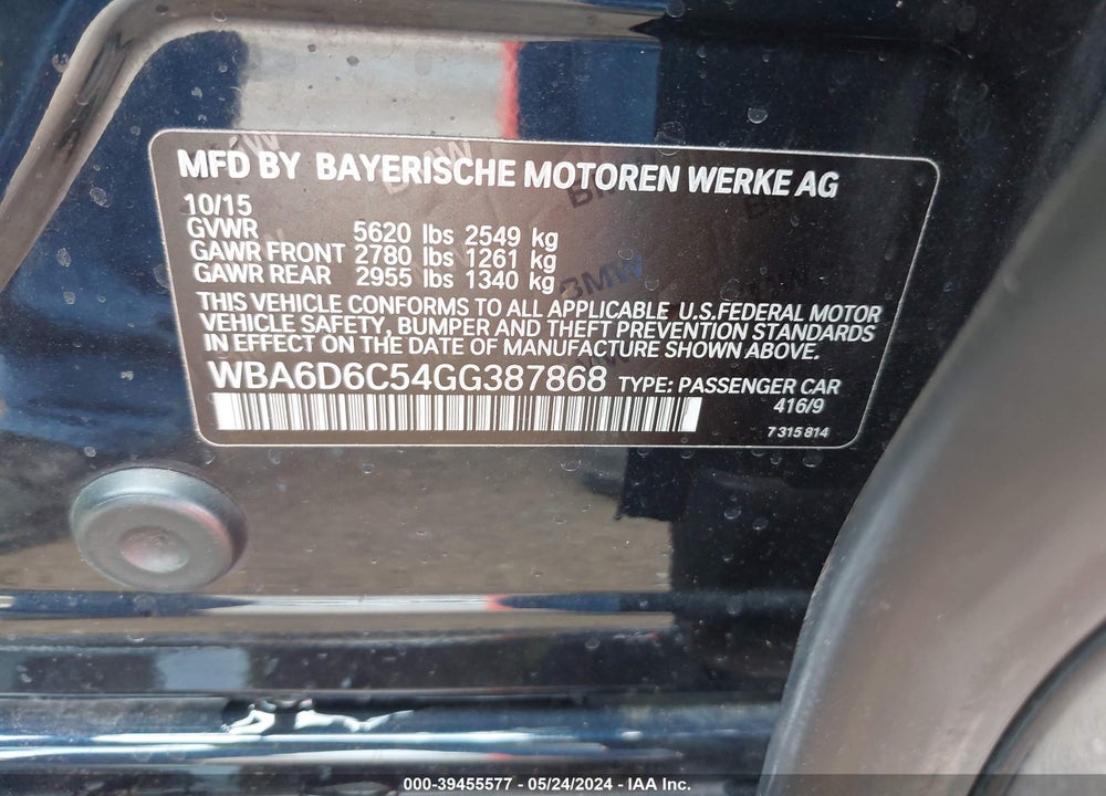 2016 BMW 650I GRAN COUPE XDRIVE VIN: WBA6D6C54GG387868