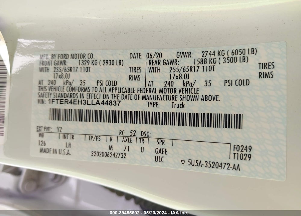 2020 FORD RANGER XLT VIN: 1FTER4EH3LLA44837