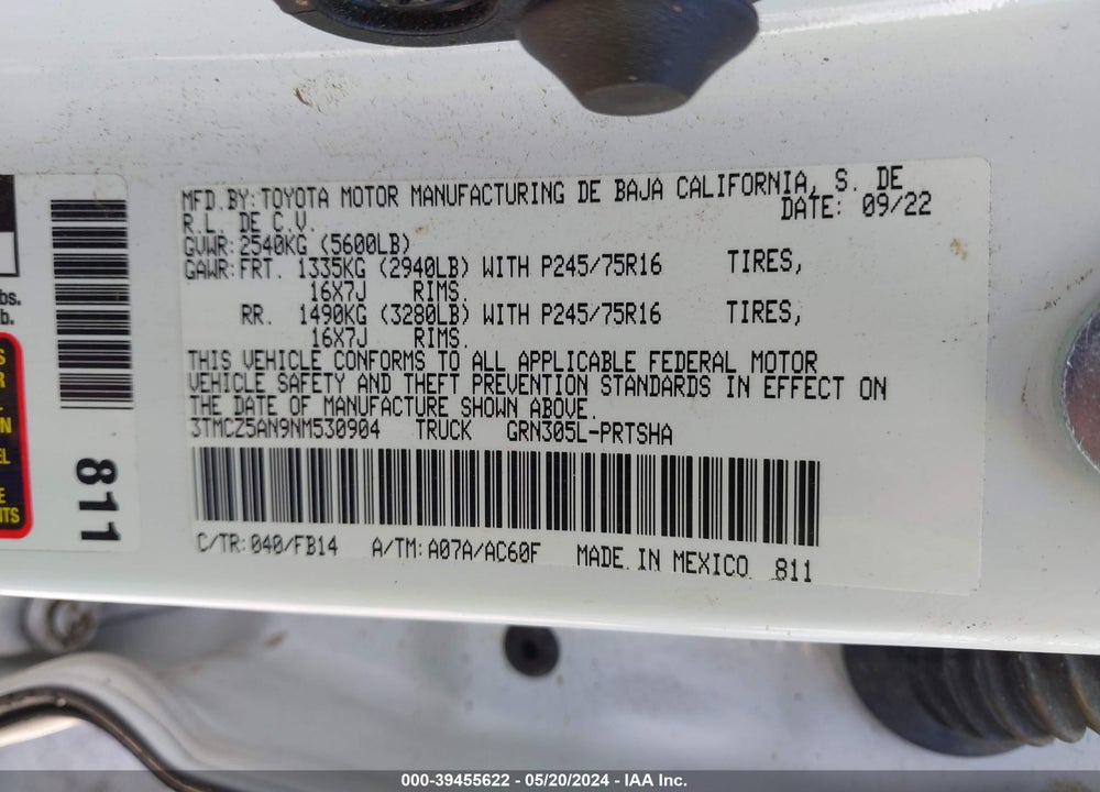2022 TOYOTA TACOMA SR V6 VIN: 3TMCZ5AN9NM530904
