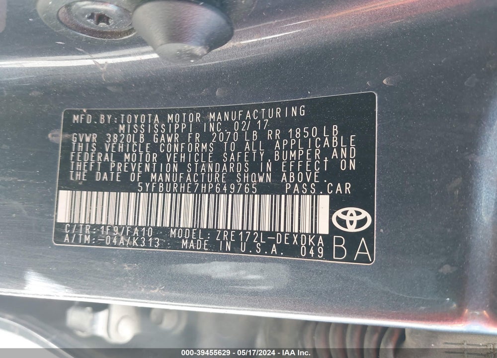 2017 TOYOTA COROLLA L VIN: 5YFBURHE7HP649765