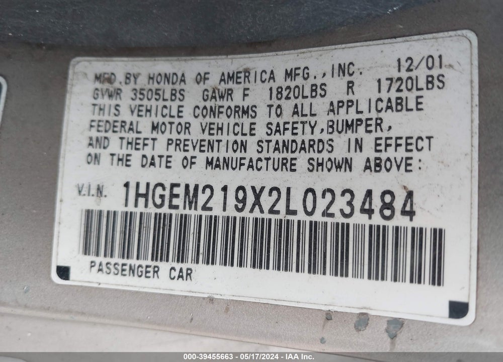 2002 HONDA CIVIC VIN: 1HGEM219X2L023484