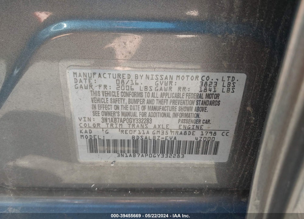 2016 NISSAN SENTRA S VIN: 3N1AB7AP0GY332283