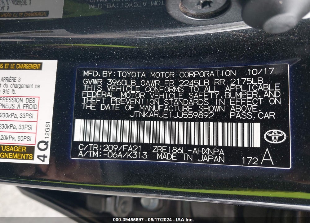2018 TOYOTA COROLLA IM VIN: JTNKARJE1JJ559892