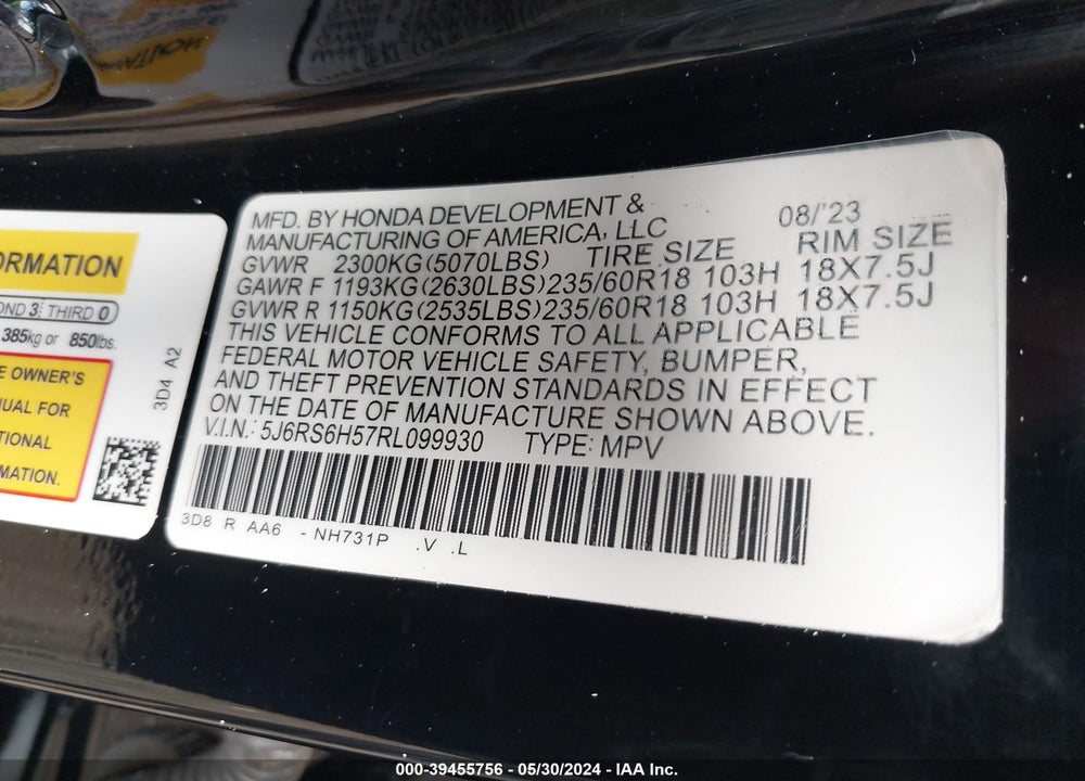 2024 HONDA CR-V HYBRID SPORT VIN: 5J6RS6H57RL005979