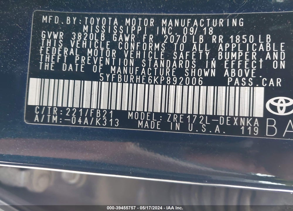 2019 TOYOTA COROLLA LE VIN: 5YFBURHE6KP892006
