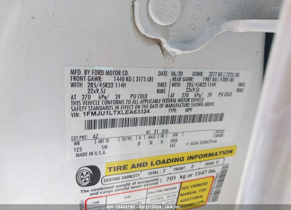 2020 FORD EXPEDITION PLATINUM VIN: 1FMJU1LTXLEA63324