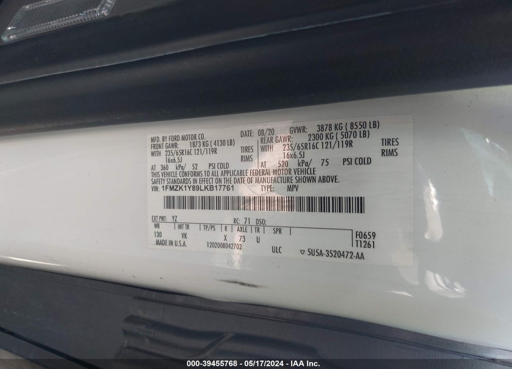 2020 FORD TRANSIT-150 PASSENGER VAN XL VIN: 1FMZK1Y89LKB17761