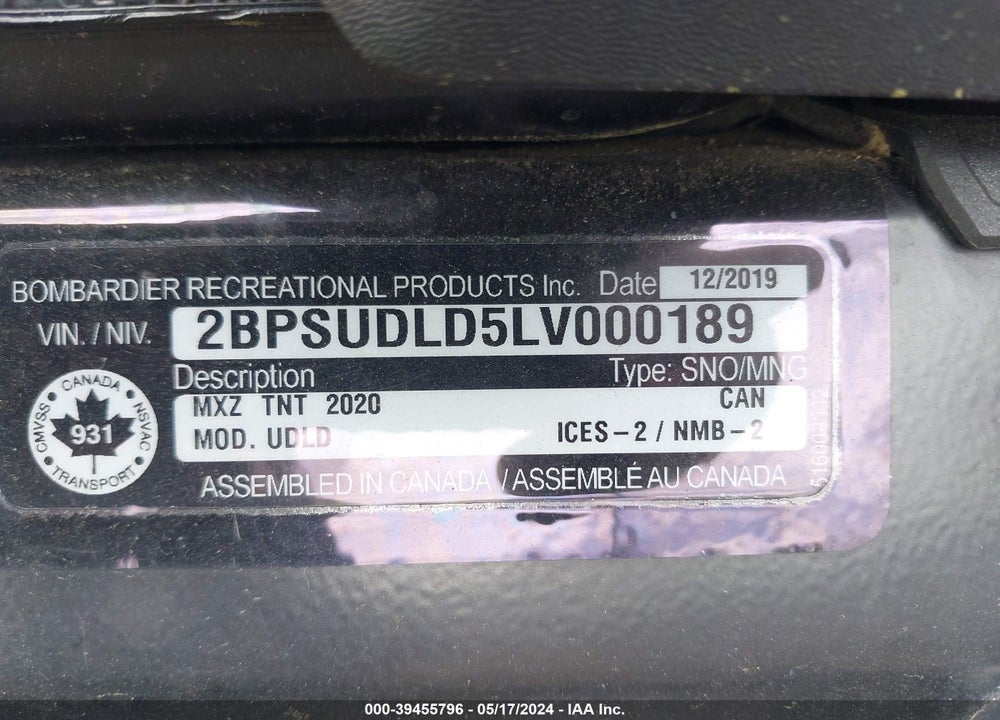 2020 SKI DOO MXZ 850 E-TEC VIN: 2BPSUDLD5LV000189