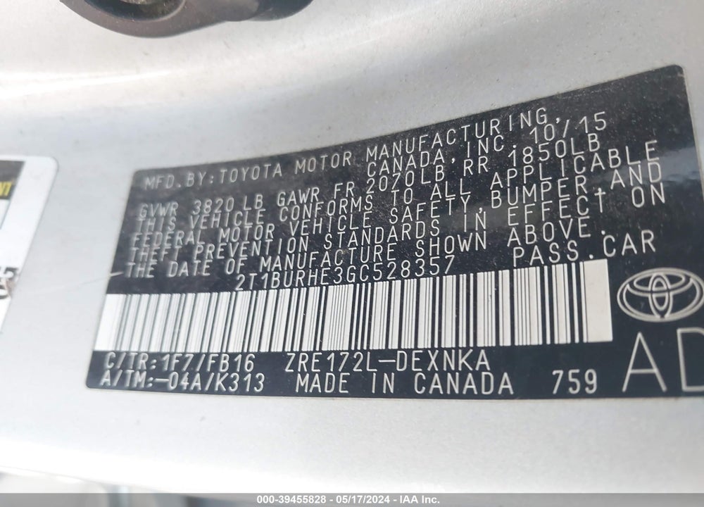 2016 TOYOTA COROLLA LE VIN: 2T1BURHE3GC528357