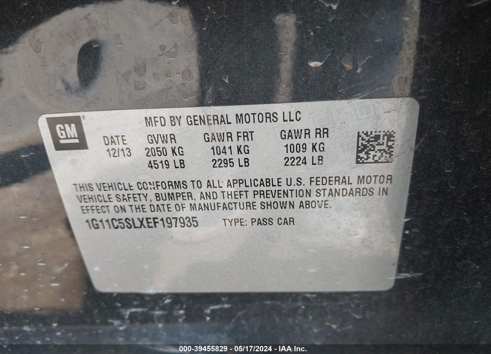 2014 CHEVROLET MALIBU 1LT VIN: 1G11C5SLXEF197935