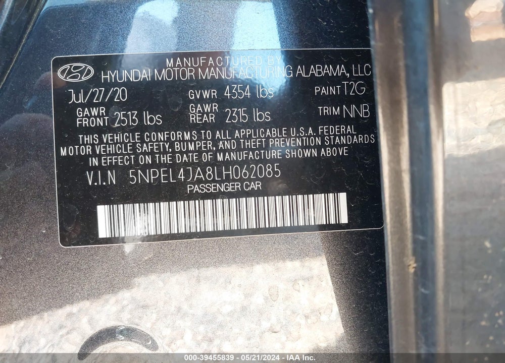 2020 HYUNDAI SONATA SEL VIN: 5NPEL4JA8LH062085