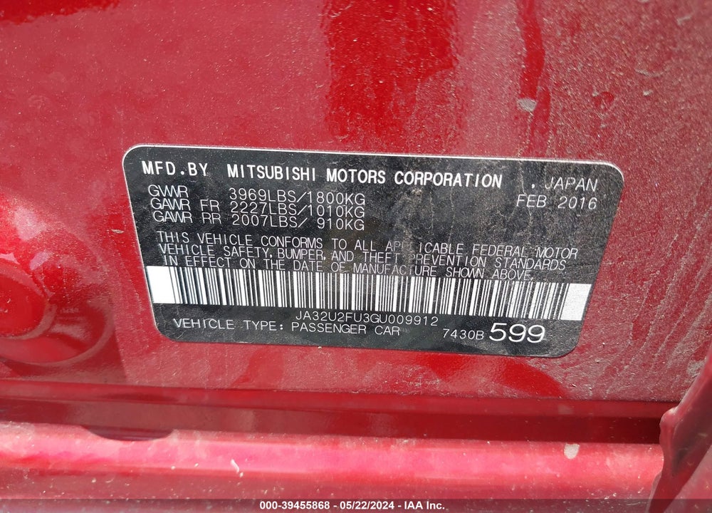2016 MITSUBISHI LANCER ES VIN: JA32U2FU3GU009912