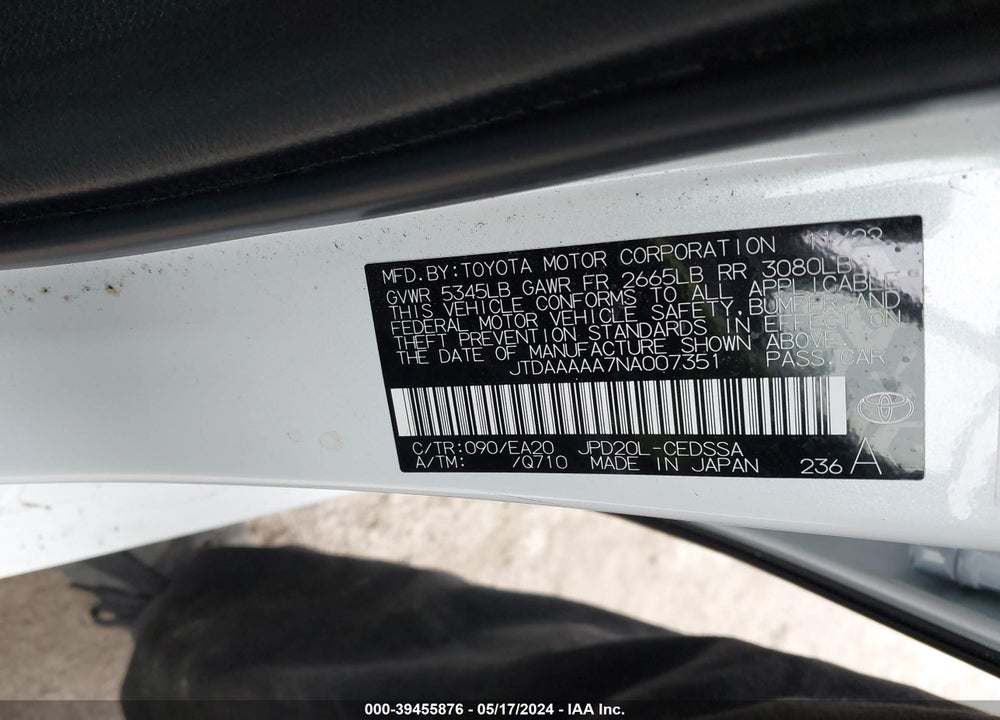 2022 TOYOTA MIRAI XLE VIN: JTDAAAAA7NA007351
