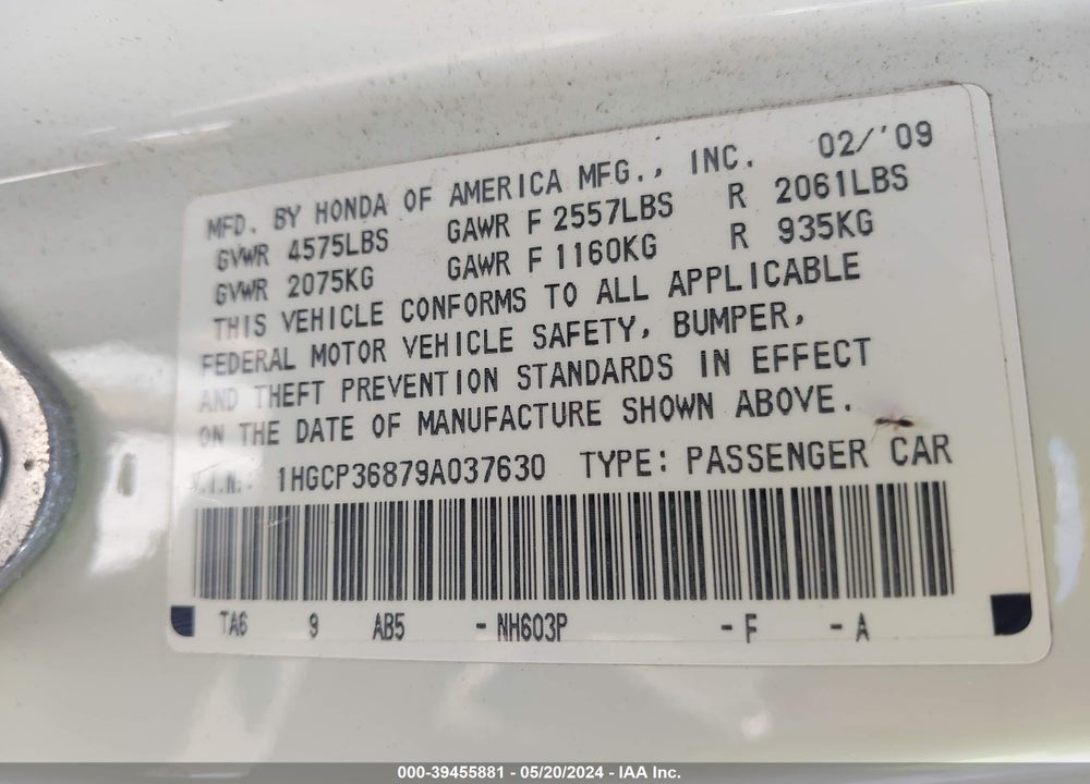 2009 HONDA ACCORD 3.5 EX-L VIN: 1HGCP36879A037630