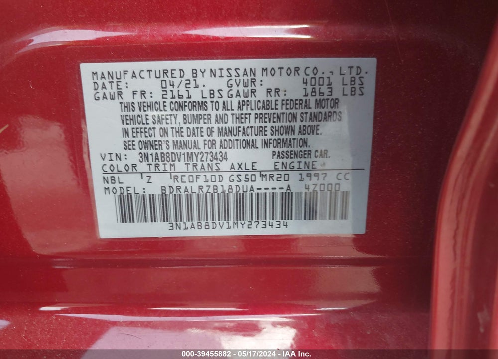 2021 NISSAN SENTRA SR XTRONIC CVT VIN: 3N1AB8DV1MY273434