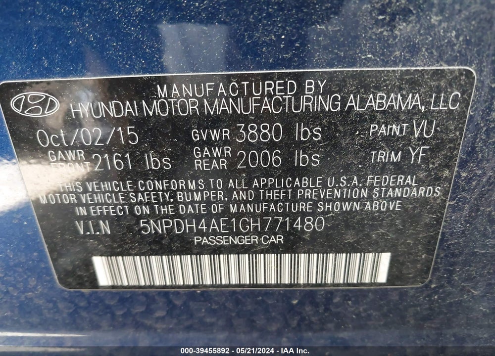 2016 HYUNDAI ELANTRA SE VIN: 5NPDH4AE1GH771480