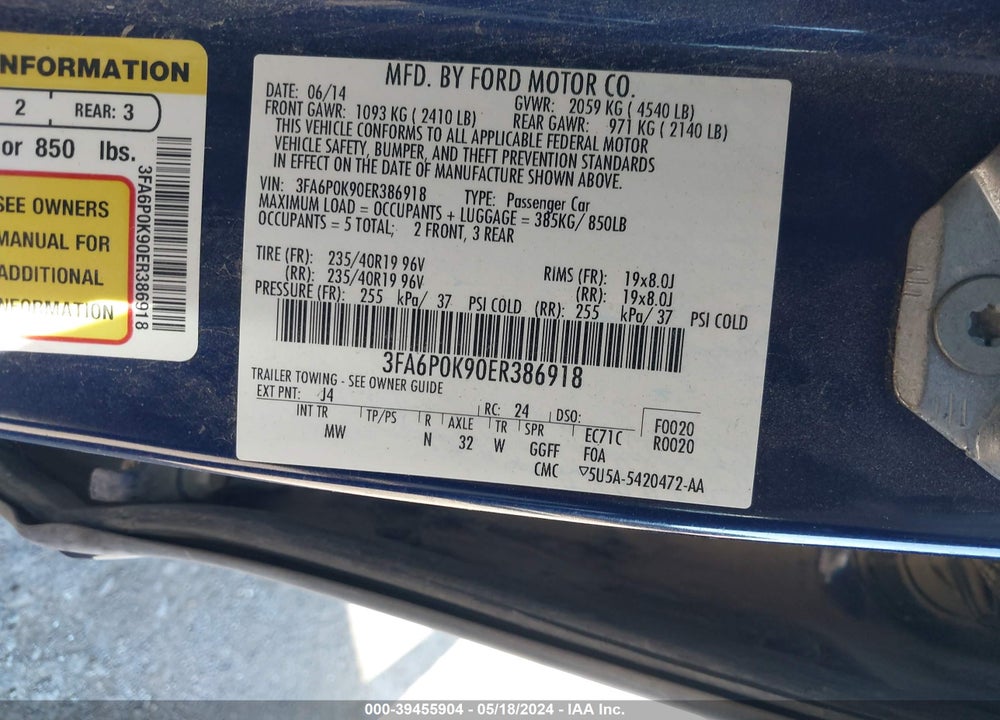 2014 FORD FUSION TITANIUM VIN: 3FA6P0K90ER386918