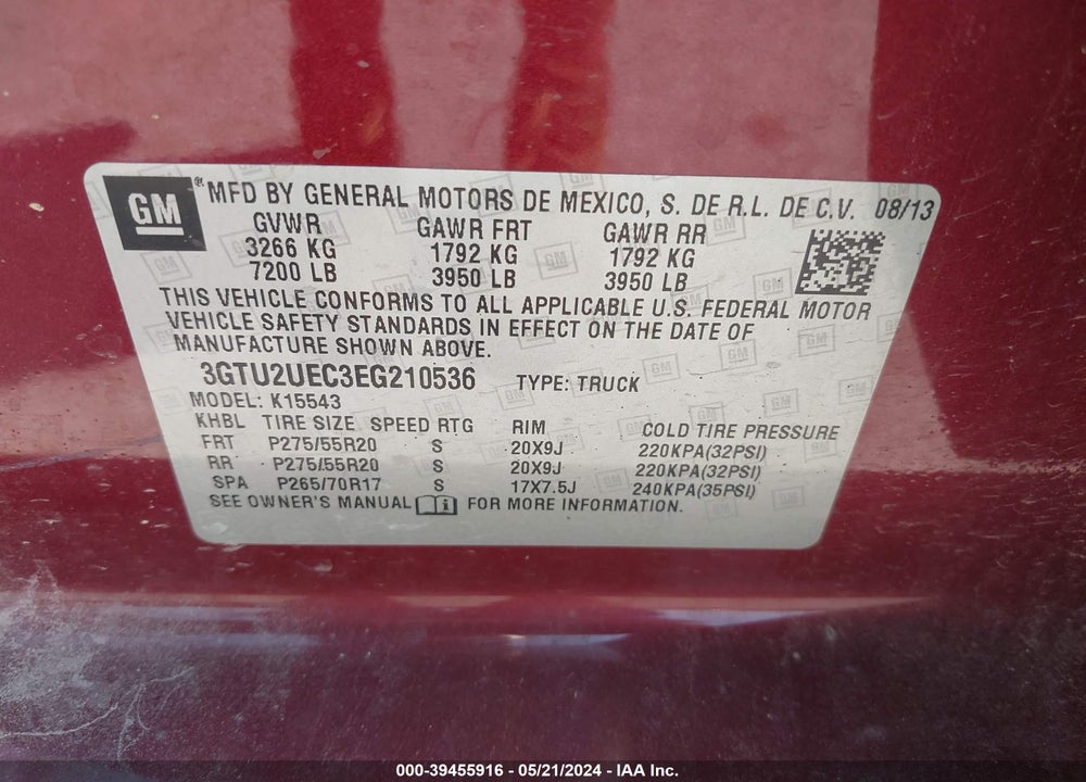 2014 GMC SIERRA 1500 SLE VIN: 3GTU2UEC3EG210536