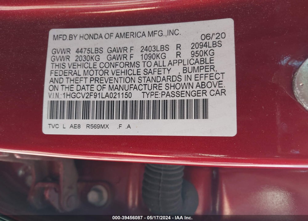 2020 HONDA ACCORD TOURING VIN: 1HGCV2F91LA021150